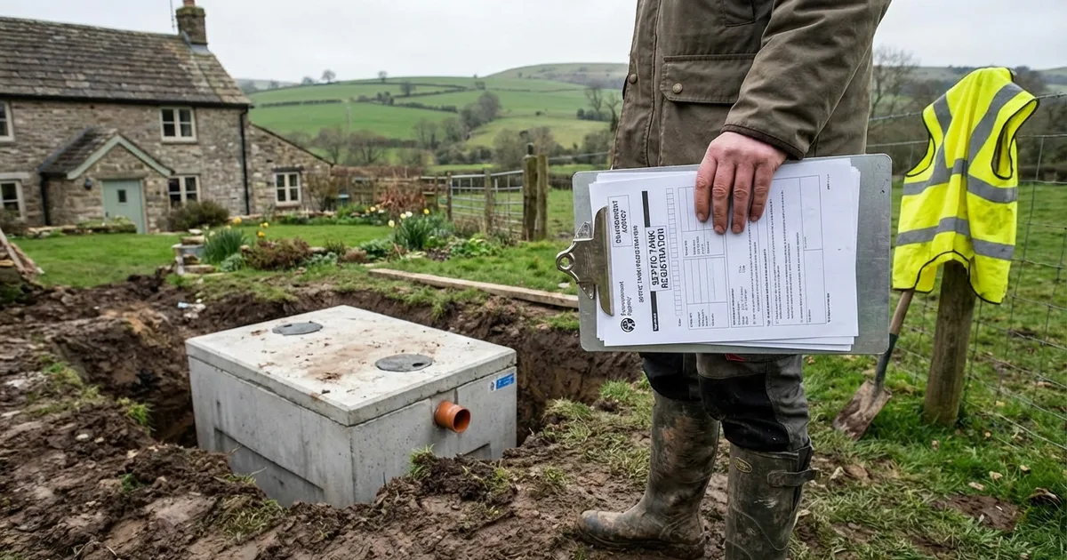 UK regulatory document clipboard with septic tank in background at English rural property
